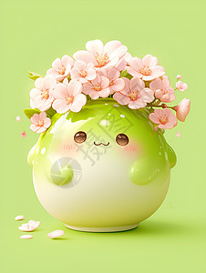 绿色亮粉绿色丸子头上的粉花插画