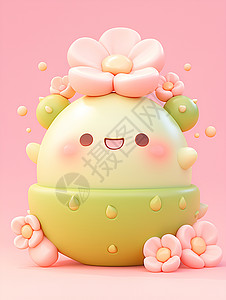 头顶粉花的绿色卡通玩偶背景图片
