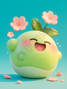 绿玩偶绿苹果上的花朵插画