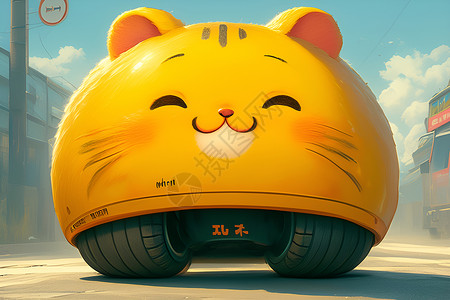 轮胎卡通道路上的黄色猫咪车插画