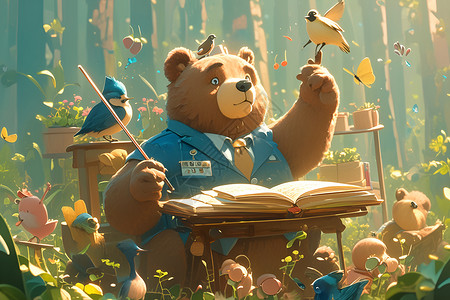 森林音乐森林里的棕熊指挥家插画