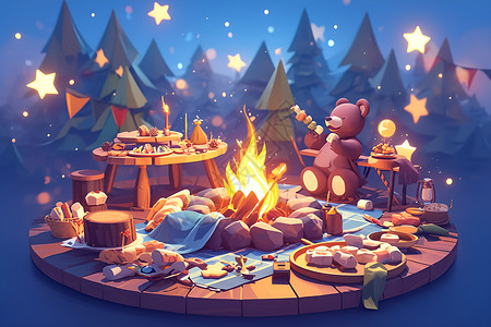 篝火边的玩具熊背景图片