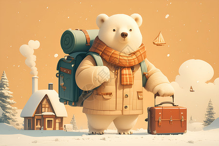 防水背包拉着行李箱的背包熊插画