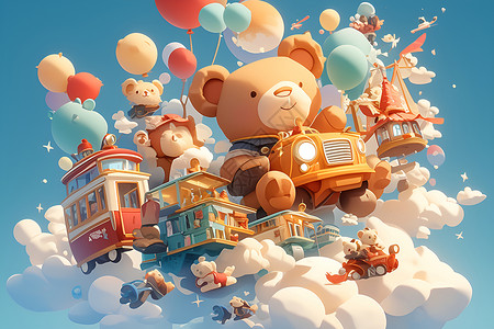 卡通小熊气球云海上的卡通玩具熊插画