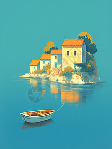 村舍海中浮岛上的房屋插画