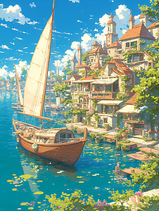 琉森小镇乡村河流里的船只插画