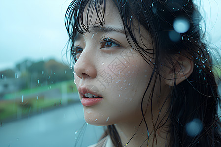 雨中淋湿的女孩高清图片