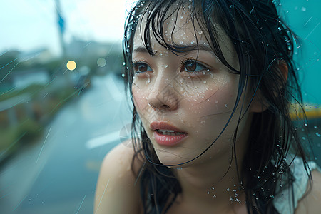 雨中的年轻女孩高清图片