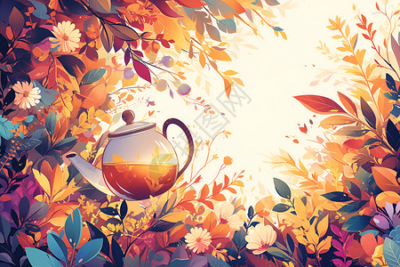 秋叶中的茶壶背景图片