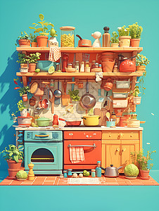 炫彩的卡通厨房背景图片