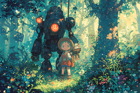森林中的机器人和小女孩插画背景图片
