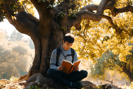 阴凉干燥树下读书的男人背景