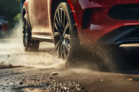 泥泞道路上的红色汽车背景图片