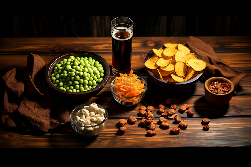 零食和啤酒摆在木桌上图片