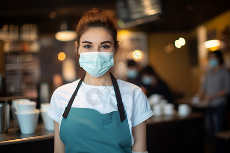 女服务员举办女服务员戴着口罩背景