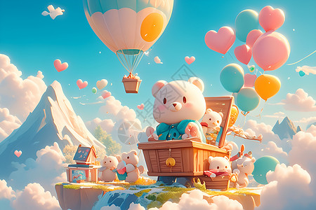 空中热气球空中漫游的小熊插画