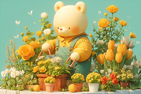 单一栽培栽培花朵的熊插画