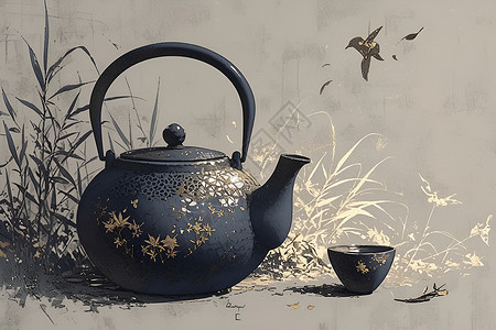 茶壶上的精美花纹背景图片