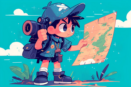 坐着看地图的男孩冒险的少年插画