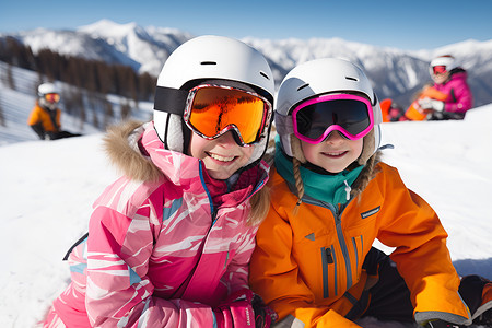两个孩子坐在雪地上高清图片