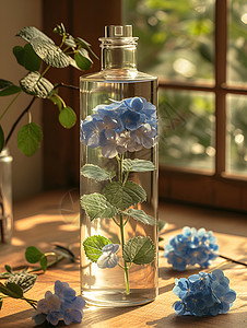 餐盘里有鲜花有蓝花图案的洗发水设计图片