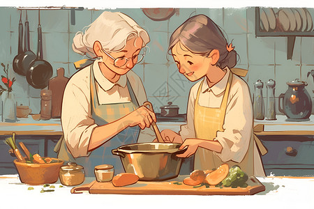老人做饭厨房中的老人插画