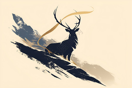 头部线条素材丘陵上的鹿插画