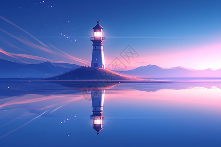 梦幻日落湖上孤岛的灯塔插画