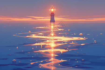 日落灯塔灯塔在平静的水面上插画