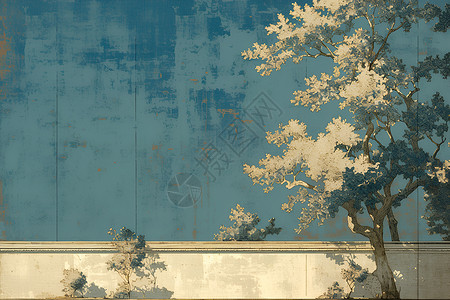 院墙蓝墙前的树插画