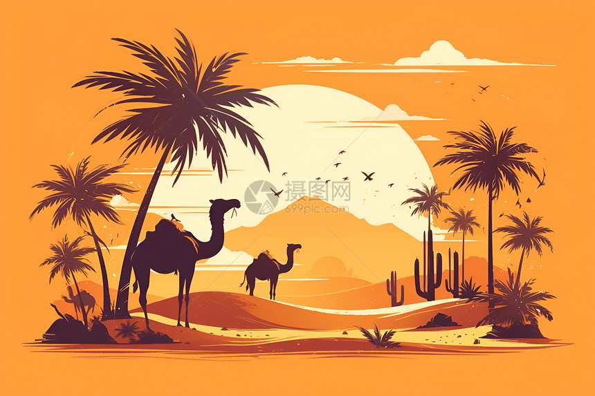 一只骆驼和棕榈图片