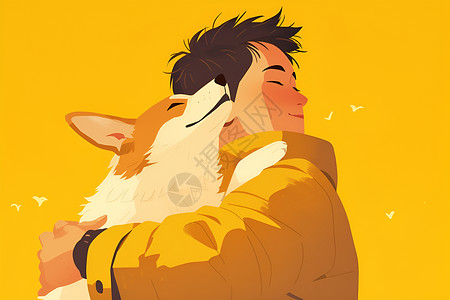 航拍画面男子拥抱狗狗的温馨画面插画