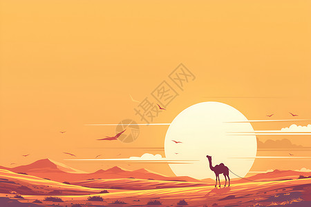 夕阳下沙漠中的骆驼背景图片
