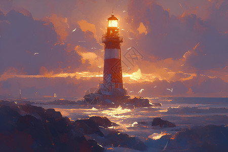大海中亮起的灯塔插画
