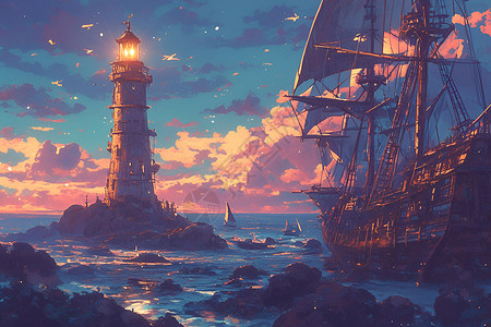 暮色中的灯塔和船背景图片