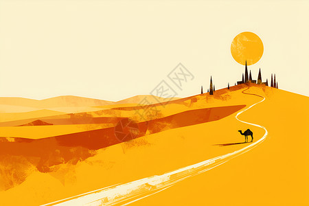 简约云朵寂静沙漠上的骆驼插画