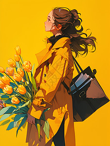 黄衣女子与花束背景图片