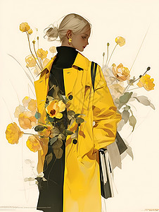 欧美时尚包黄衣女子花束环绕插画
