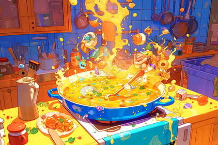 厨房蔬果灶上的热汤插画