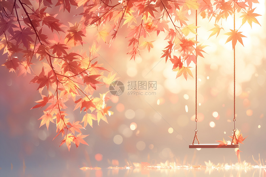秋日枫树下的秋千图片