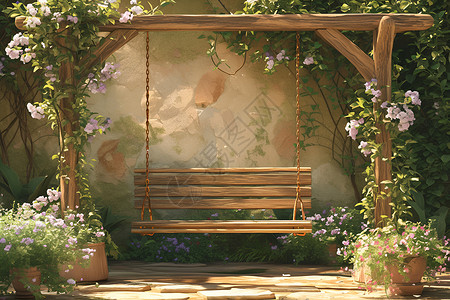 实木靠椅庭院的秋千插画