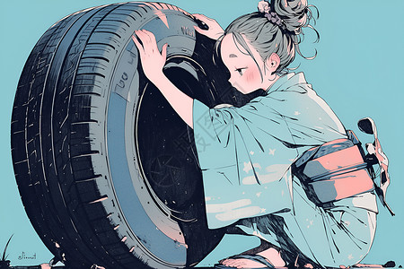 可爱和服女孩女子手持轮胎插画
