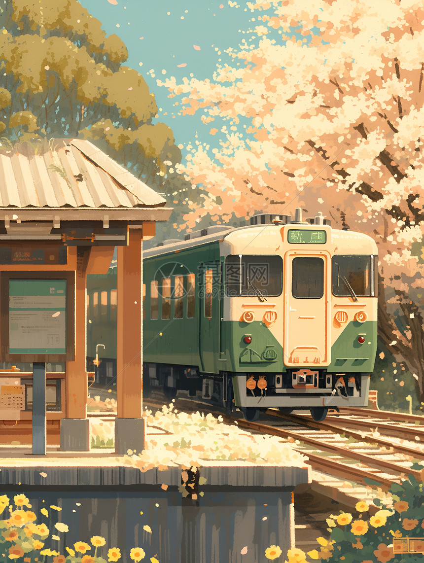 樱花下的列车图片
