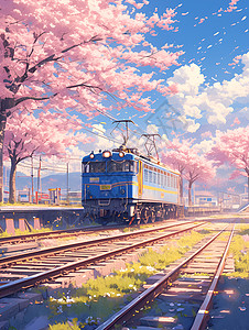 火车路过樱花背景图片