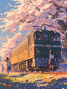 樱花电车樱花下的电车插画