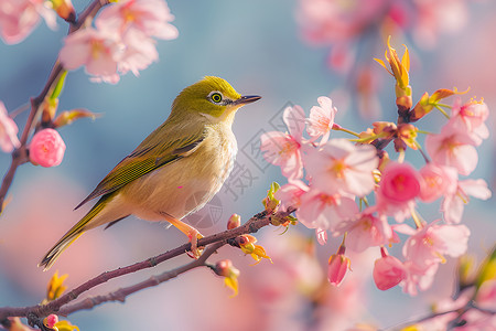 春天花上的小鸟背景