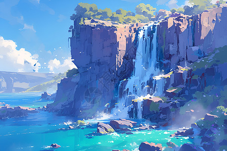 冰岛马鬃瀑布风景峭壁倾泻的瀑布插画