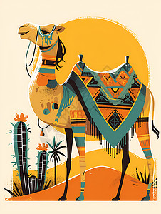 荒漠风景太阳前的骆驼插画