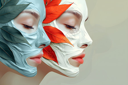 女性面部护肤美白护理涂在脸上的面膜插画