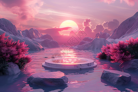 紫色水美丽的夕阳景色插画